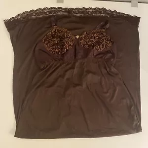 Vintage Silky Nylon Full Dress Slip Embroidery Chantilly Lace Medium Brown - Picture 1 of 19