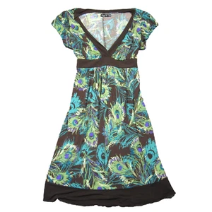 Ruby Rox Y2K Peacock Babydoll Dress S Green Brown V Neck Cap Sleeve Retro Hippie - Picture 1 of 9