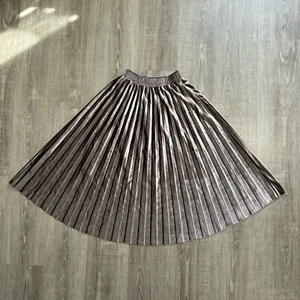 Vintage Metallic Velvet Pleated Elastic Waistband Midi Length Skirt Brown Size 6 - Picture 1 of 10