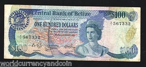 BELIZE 100 DOLLARS P50 1983 QUEEN BIRD LIZARD FISH RARE CARIBBEAN MONEY BANKNOTE - Picture 1 of 2