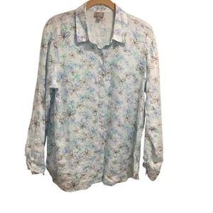 Top de lino Jill para mujer azul floral manga larga abotonada M playa crucero costa - Imagen 1 de 6