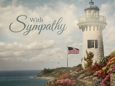 "With Sympathy" -  Lighthouse with Flag on ocean bank -  Approx 4.5" X 6.25" - Image 1 of 3