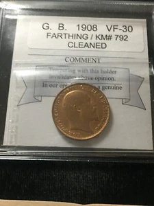 1908  Great Britain,  Farthing, Coin Mart  Graded **VF-30 Cleaned** KM# 792 - Picture 1 of 8