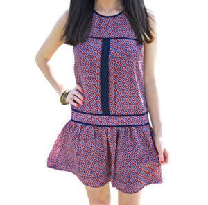 Pim + Larkin Anthropologie rot & blau Blumen Drop Waist ärmelloses Kleid Medium - Bild 1 von 12