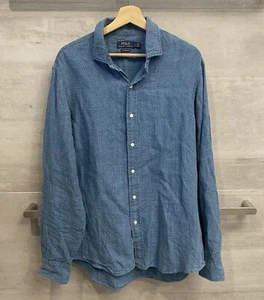 Polo Ralph Lauren Men’s Linen Long Sleeve Blue Polka Dot Button Up Shirt Large - Picture 1 of 6