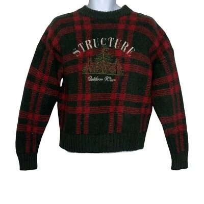 Structure Vintage 1990's 100% Wool Thick Plaid Embroidered Pullover Sweater XL - Image 1 of 4