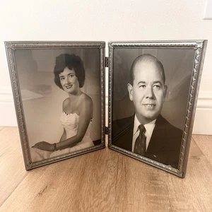 Antique Silver Metal Double Photo Hinged Frame With Old Photos 8”x10” - Picture 1 of 6