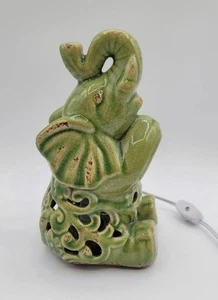 Green Elephant Ceramic Night Light Lamp 9" Distressed / Antiqued Trunk Up  - Picture 1 of 13