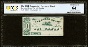 1862 ILLINOIS FREEPORT, Brewster House 10c Obsolete Banknote Currency, PCGS 64 - Picture 1 of 5