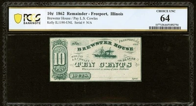 1862 ILLINOIS FREEPORT, Brewster House 10c Obsolete Banknote Currency, PCGS 64 - Image 1 of 4