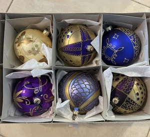 Poland Christmas Ornament Set Hand Painted Purple Large Balls AMAZING - Picture 1 of 7