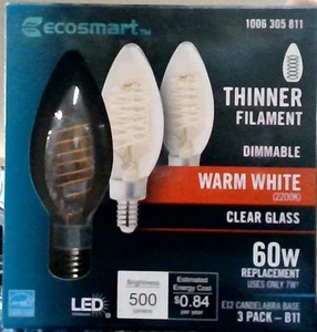EcoSmart 40-Watt Equivalent B11 Dimmable E12 LED Warm White 3-Pack B11C5E12822S - Picture 1 of 1