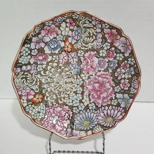 Andrea by Sadek Plate Painted Enamel Textured Mums Floral Decor Asian Inspired - Picture 1 of 9