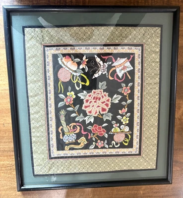 Vtg Chinese Zen Black Silk Embroidery Forbidden Stitch Floral Frame Mat - Image 1 of 4