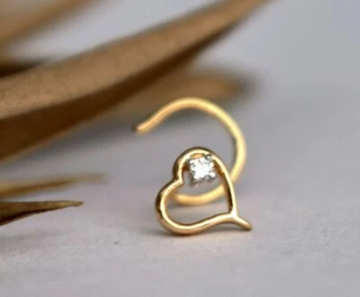 Heart Nose Stud Natural Diamond 14k Gold Nose Ear Piercing Birthday Gift NosePin - Image 1 of 4