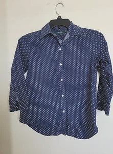 VTG Lauren Ralph Lauren LRL Sz S Navy Polka Dot No-Iron Button Up Blouse Faded - Picture 1 of 3