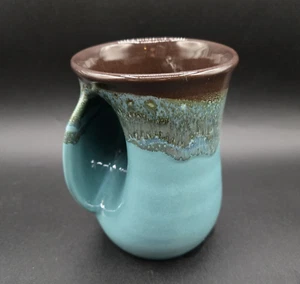 Clay in Motion Hand Warmer Coffee Mug Teal Brown Left Handed 2016 Signed - Picture 1 of 8