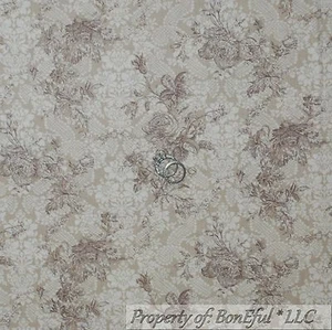 BonEful Fabric FQ Cotton Quilt VTG Tan Brown Cream Rose FLOWER Toile Shabby Chic - Picture 1 of 12