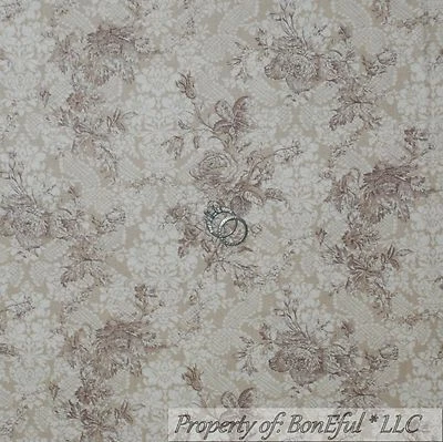 BonEful Fabric FQ Cotton Quilt VTG Tan Brown Cream Rose FLOWER Toile Shabby Chic - Image 1 of 4