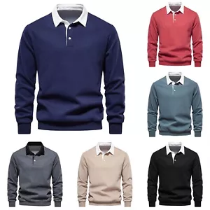 Men's Colorblock Polo Collar Long Sleeve Button Front Pullover Sweatshirt Slim - Picture 1 of 30