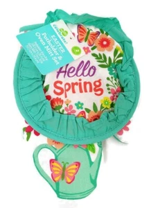 Spring Green Potholder And Oven Mitt 2 Piece Set Butterfly Floral New - Picture 1 of 4