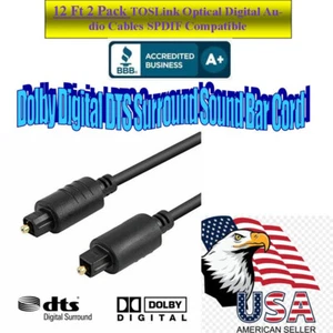 2 PACK TOSLink Optical Digital Audio Cable SPDIF Dolby Compatible 12FT, Black - Picture 1 of 4