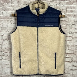 Vineyard Vines Beige Azul Marino Heritage Sherpa Vellón Cremallera Completa Pila Chaleco Para Hombres Grande - Imagen 1 de 13