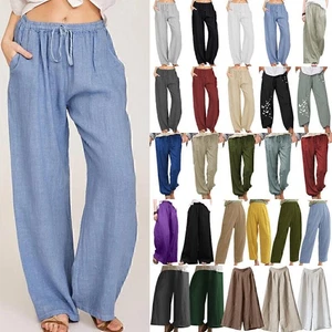 Womens Elastic Waist Long Trousers Ladies Summer Loose Wide Leg Casual Pants 16 - Picture 1 of 78
