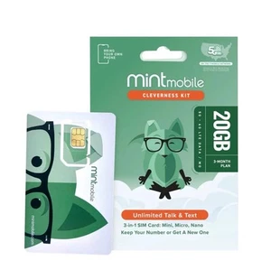 Mint Mobile Prepaid SIM Card - 3 Months Of Unlimited Talk / Text & 20GB Data - Photo 1 sur 2