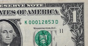 12853 ZIP CODE Fancy Serial Number North Creek, NY One Dollar Bill | K00012853D - Picture 1 of 3