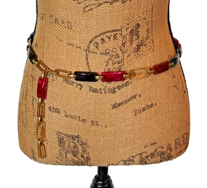 Retro Chain Belt Necklace Lucite Acrylic Overall 35"L Boho Mod 70s-80s Gold Tone - Picture 1 of 11