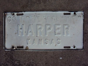 1940s 50s Harper Kansas Booster License Plate Go Forward With HARPER KANSAS #1 - Picture 1 of 8