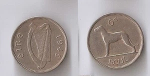 Ireland 6 PENCE 1945 Irish harp, Irish Wolfhound, High grade!!! - Picture 1 of 1