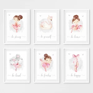 Pink Princess Ballerina Nursery Wall Art Posters Prints Girl's Bedroom Pictures - Picture 1 of 10