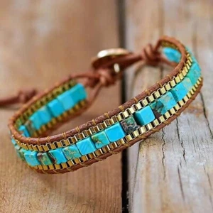 Natural Turquoise Beads Handmade Healing Reiki Chakra Women Bangle Cuff Bracelet - Picture 1 of 4