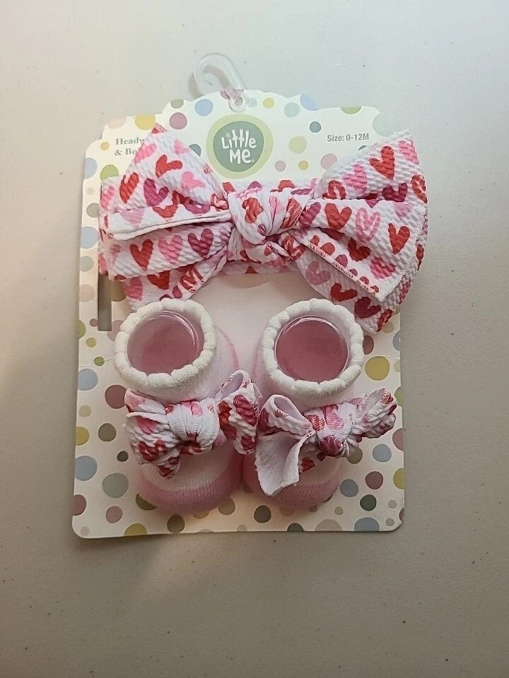Little Me Headwrap & Booties 0-12 Months Hearts 💕 Pink & Red Valentines Day - Image 1 of 1