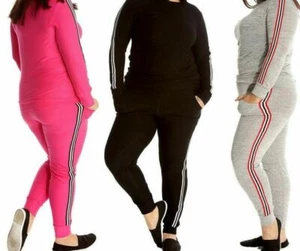 Womens Ladies Side Stripe Two Piece Lounge Set Plus Size Tracksuit Top Bottoms - Picture 1 of 8