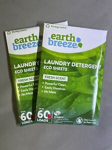 2 Earth Breeze Laundry Detergent Sheets Fresh Scent, No Plastic 60Loads 30sheets
