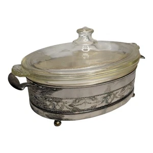 Cazuela ovalada transparente de 1 cuarto PYREX EE. UU. 1920 con tapa #033-OR-633-B soporte plateado - Imagen 1 de 20
