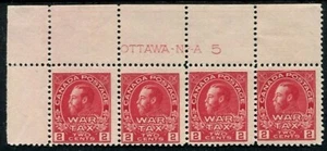 CANADÁ 1915 IMPUESTO DE GUERRA 2c SG 229 PLACA A5 TIRAS DE 4 - Imagen 1 de 1