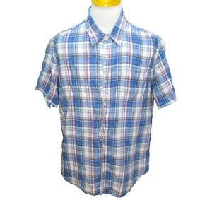 LL BEAN Men's (Size XL) Blue Plaid Short Sleeve 100% LINEN Button Front Shirt - Picture 1 of 4