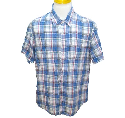 LL BEAN Men's (Size XL) Blue Plaid Short Sleeve 100% LINEN Button Front Shirt - Image 1 of 4