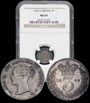 Victoria 1839 3 Pence Young Head coin, graded by NGC MS64 - Image 1 of 4