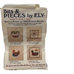 New Vtg 1984 15 x 15 Screen Prints on Muslin, Bits & Pieces by Ely-Heart & Dove - Picture 1 of 3