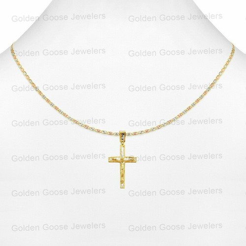 Real 14KT White Or Yellow G Crucifix Cross Charm Pendant With Valentino Chain