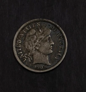 Moneda de diez centavos de barbero D 1908 XF lote detalles F 827 - Imagen 1 de 2
