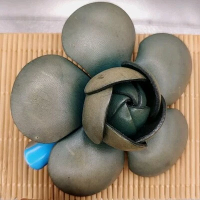 Genuine Leather Dusky Turquoise Peony Hair Clip Grip Barette - Image 1 of 4