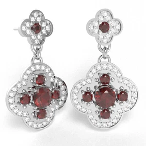 Shamrock Clover Flower Leaf Lab-Created Ruby Diamond Earrings In 14k Gold - Picture 1 of 17