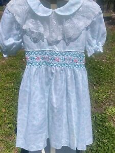 Polly Flinders Vintage Girls Mint Green And Pink Floral Smocked Dress Lace Sz 6