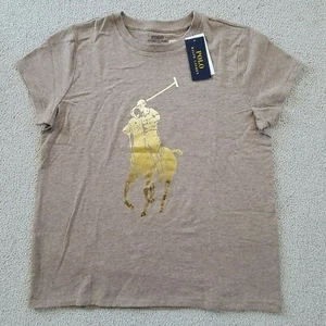 Polo Ralph Lauren Women Gold Big Pony T-Shirt Beige Heather Crew Neck Tee Medium - Picture 1 of 10